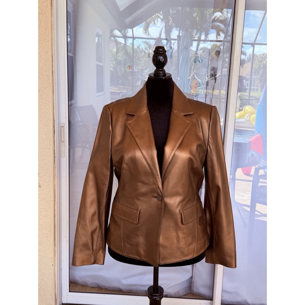 Tribal Brand Women's Leather Blazer Jacket Sz 12 Metallic Bronze